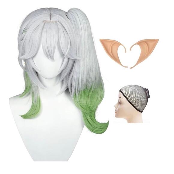 NWT Nahida Cosplay Long Gray Green Costume Wig Elf Ears and Ponytail - Picture 1 of 10